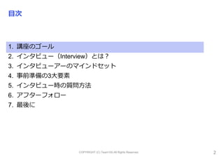 COPYRIGHT (C) Team100.All Rights Reserved.
目次
1. 講座のゴール
2. インタビュー（Interview）とは？
3. インタビューアーのマインドセット
4. 事前準備の3大要素
5. インタビュー時の質問方法
6. アフターフォロー
7. 最後に
2
 