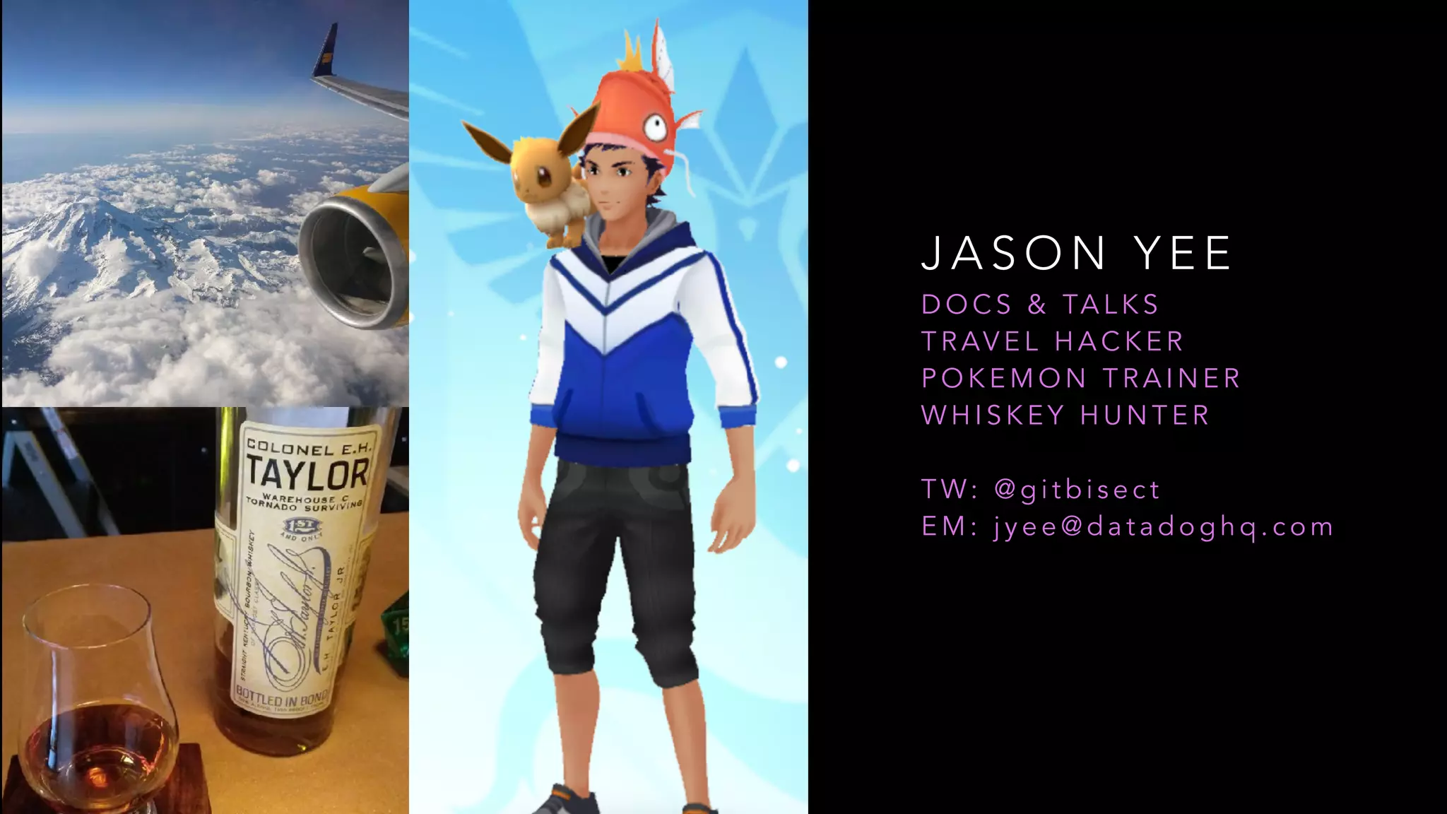 J A S O N Y E E
D O C S & TA L K S
T R AV E L H A C K E R
P O K E M O N T R A I N E R
W H I S K E Y H U N T E R
T W: @ g i t b i s e c t
E M : j y e e @ d a t a d o g h q . c o m
 