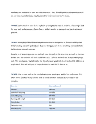 can keep you motivated in your workout endeavors. Also, don't forget to complement yourself
on any new muscle tone you may have or other improvements you've made.
TIP #96: Don't slouch in your chair. Try to sit up straight and erect at all times. Slouching is bad
for your back and gives you a flabby figure. Make it a point to always sit and stand with good
posture.
TIP #97: Most people would like to target their stomachs and get rid of that area all together.
Unfortunately, we can't spot reduce. But, one thing you can do is a breathing exercise to help
tighten those stomach muscles.
Breathe in air as strong as you can and tuck your stomach at the same time as much as you can.
Hold it for a few seconds and then slowly let it out. Don't let it out so fast that your belly flops
out. This is not good. Try to breathe like this whenever you think about it, about 50-60 times a
day is ideal. This will help you to lose at least an inch within 20 days or so.
TIP #98: Use a chart, such as the one below to assist you in your weight loss endeavors. This
chart shows you how many calories each of these common exercises burn, based on 20
minutes.
Exercise Calories Burned
Aerobics 200-250
Stationary Bicycling 250-300
Actual Bicycling 300-400
Running at 5-6 mph 300-350
Stairclimber 200-250
Swimming Laps 350
Brisk Walking 150-180
 