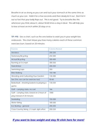 Breathe in air as strong as you can and tuck your stomach at the same time as
much as you can. Hold it for a few seconds and then slowly let it out. Don't let it
out so fast that your belly flops out. This is not good. Try to breathe like this
whenever you think about it, about 50-60 times a day is ideal. This will help you
to lose at least an inch within 20 days or so.
TIP #98: Use a chart, such as the one below to assist you in your weight loss
endeavors. This chart shows you how many calories each of these common
exercises burn, based on 20 minutes.
Exercise  Calories Burned 
Aerobics 200-250
Stationary Bicycling 250-300
Actual Bicycling 300-400
Running at 5-6 mph 300-350
Stairclimber 200-250
Swimming Laps 350
Brisk Walking 150-180
Weeding and Cultivating Your Garden 130-200
Sex (Yes, sex can be exercise too) 50-60
Basketball – shooting baskets to playing a
game
130-250
Golf – carrying clubs, no cart 166
Golf – carrying clubs, based on 2 hours of
play instead of 20 minutes
1000
Snorkeling 150-200
Water Skiing 180-200
Ice Skating – general 200-250
Cross Country Skiing, 2.5 mph, light effort 200-250
If you want to lose weight and stay fit click here for more!
 