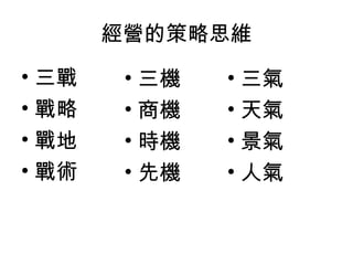 經營的策略思維
• 三戰
• 戰略
• 戰地
• 戰術
• 三氣
• 天氣
• 景氣
• 人氣
• 三機
• 商機
• 時機
• 先機
 