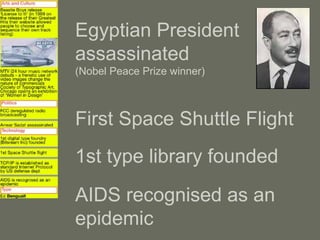 Egyptian President
assassinated
(Nobel Peace Prize winner)



First Space Shuttle Flight
1st type library founded
AIDS recognised as an
epidemic
 