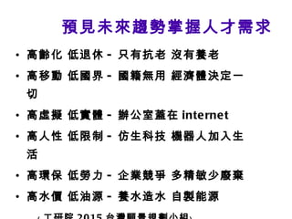 預見未來趨勢掌握人才需求   高齡化 低退休 - 只有抗老 沒有養老 高移動 低國界 - 國籍無用 經濟體決定一切 高虛擬 低實體 - 辦公室蓋在 internet 高人性 低限制 - 仿生科技 機器人加入生活 高環保 低勞力 - 企業競爭 多精敏少廢棄 高水價 低油源 - 養水造水 自製能源   ﹙ 工研院 2015 台灣願景規劃小組﹚ 