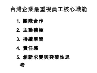 台灣企業最重視員工核心職能 1.  團隊合作 2.  主動積極 3.  持續學習  4.  責任感 5.  創新求變與突破性思考 
