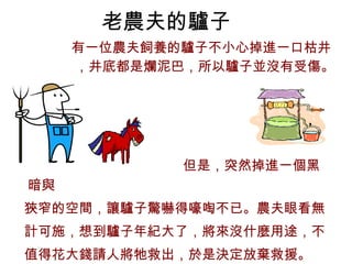 老農夫的驢子 有一位農夫飼養的驢子不小心掉進一口枯井，井底都是爛泥巴，所以驢子並沒有受傷。 但是，突然掉進一個黑暗與 狹窄的空間，讓驢子驚嚇得嚎啕不已。農夫眼看無 計可施，想到驢子年紀大了，將來沒什麼用途，不 值得花大錢請人將牠救出，於是決定放棄救援。 