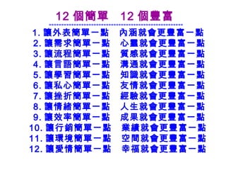12 個簡單   12 個豐富  ======================================================     1. 讓外表簡單一點　內涵就會更豐富一點     2. 讓需求簡單一點　心靈就會更豐富一點     3. 讓流程簡單一點　質感就會更豐富一點     4. 讓言語簡單一點　溝通就會更豐富一點     5. 讓學習簡單一點　知識就會更豐富一點     6. 讓私心簡單一點　友情就會更豐富一點     7. 讓挫折簡單一點　經驗就會更豐富一點     8. 讓情緒簡單一點　人生就會更豐富一點     9. 讓效率簡單一點　成果就會更豐富一點    10. 讓行銷簡單一點　業績就會更豐富一點    11. 讓環境簡單一點　空間就會更豐富一點    12. 讓愛情簡單一點　幸福就會更豐富一點  