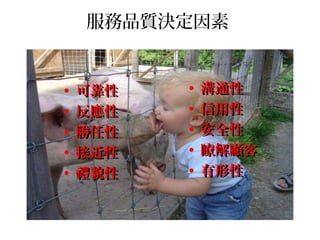 服務品質決定因素
• 可靠性可靠性
• 反應性反應性
• 勝任性勝任性
• 接近性接近性
• 禮貌性禮貌性
• 溝通性溝通性
• 信用性信用性
• 安全性安全性
• 瞭解顧客瞭解顧客
• 有形性有形性
 