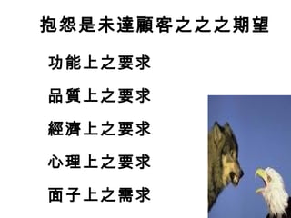 功能上之要求
品質上之要求
經濟上之要求
心理上之要求
面子上之需求
抱怨是未達顧客之之之期望
 