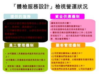 「體檢服務設計」檢視營運狀況
• 公司決定要在哪些服務特色上表現卓
越？（是便利，還是親切？）
• 公司犧牲哪些項目，以便在其他領域
表現優異？
•服務特色能否符合目標顧客的偏好？
•顧客是否欣然付費？
•能否從服務特色獲取營運利益？
•目前的服務特色是否具有長期利益？
• 顧客是否樂於選擇負擔部分工作（在沒有
折扣吸引下），或只是因為若不採取自助服
務，情況會更糟糕？
• 如何讓員工具備創造卓越表現的良好能
力？
•如何讓員工具備創造卓越表現的強大動力
？
• 面對員工遴選、訓練和激勵等方面的挑
戰，公司目前的職務規畫是否切合實際？
•公司把哪些顧客納入營運之中？
•公司規畫他們該做些什麼？
•公司做了什麼準備，以確保顧客具備所需的
技能來做這些工作？
•公司如何讓他們願意做這些工作？
•如果他們的表現未達預期，公司如何處理？
提供的服務 資金供應機制
員工管理機制 顧客管理機制
66
 