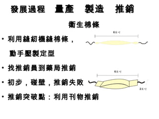 發展過程　 量產　製造　推銷
          衛生棉條
• 利用縫紉機縫棉條，

　動手壓製定型
• 找推銷員到藥局推銷

• 初步，碰壁，推銷失敗

• 推銷突破點：利用刊物推銷
 
