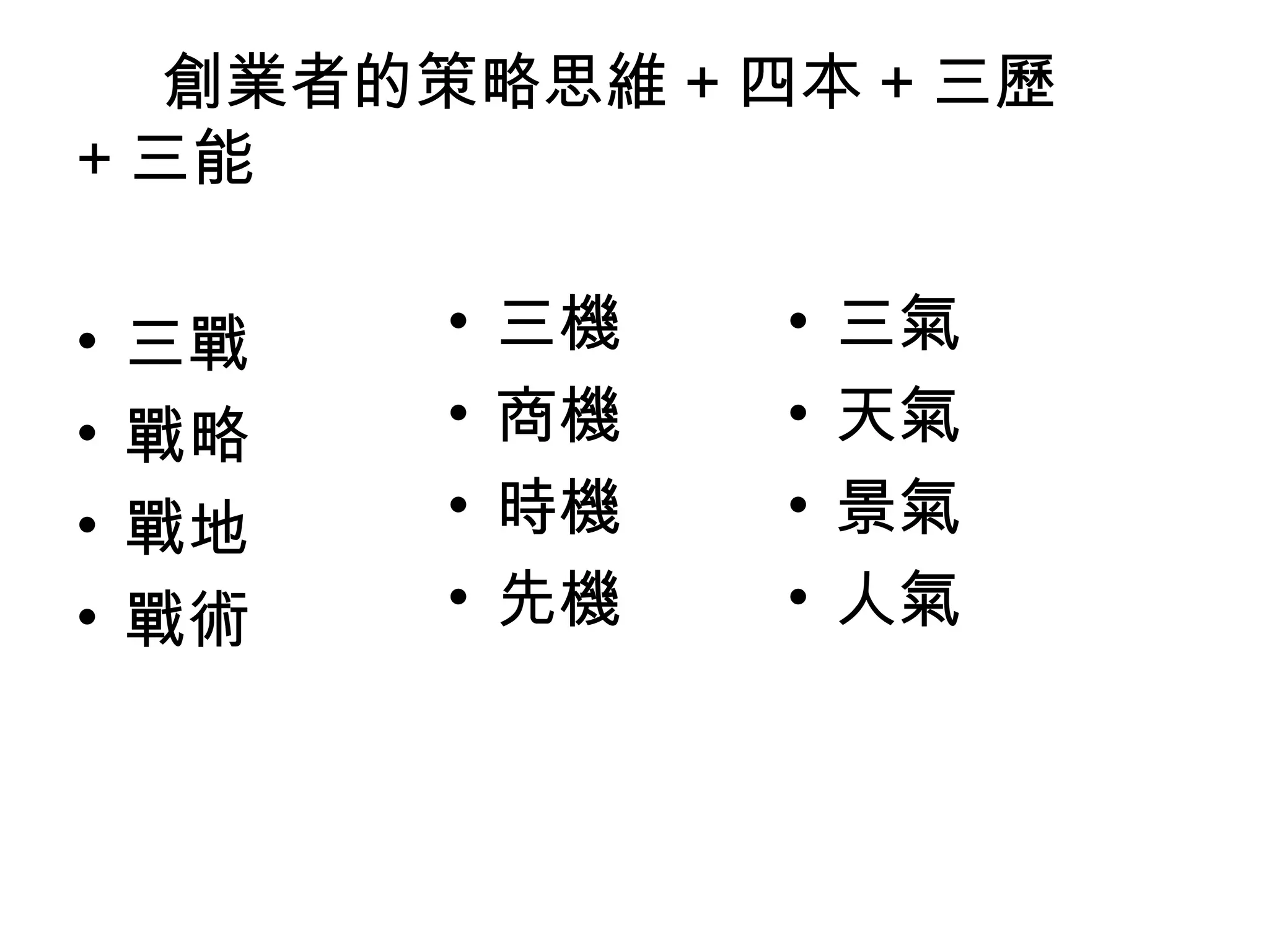 創業者的策略思維 + 四本 + 三歷
+ 三能

•   三戰   •   三機   •   三氣
•   戰略   •   商機   •   天氣
•   戰地   •   時機   •   景氣
•   戰術   •   先機   •   人氣
 