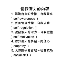 情緒智力的內容
 1. 認識自身的情緒～自我覺察
（ self-awareness ）
 2. 妥善管理情緒～自我規範
（ self-regulation ）
 3. 激發個人的潛力～自我激勵
（ self-motivation ）
 4. 認知他人的情緒～同理心
（ empathy ）
 5. 人際關係的管理～社會技巧
（ social skill ）
 