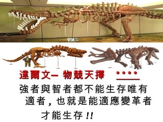達爾文 — 物競天擇 * * * *
強者與智者都不能生存唯有
 適者 , 也就是能適應變革者
　　才能生存 ! ! 　　　
 