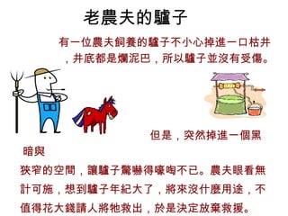 老農夫的驢子
     有一位農夫飼養的驢子不小心掉進一口枯井
     ，井底都是爛泥巴，所以驢子並沒有受傷。




             但是，突然掉進一個黑
暗與
狹窄的空間，讓驢子驚嚇得嚎啕不已。農夫眼看無
計可施，想到驢子年紀大了，將來沒什麼用途，不
值得花大錢請人將牠救出，於是決定放棄救援。
 