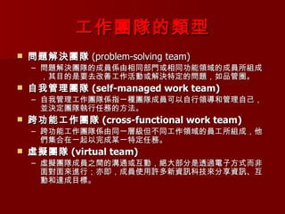 工作團隊的類型
   問題解決團隊 (problem-solving team)
    – 問題解決團隊的成員係由相同部門或相同功能領域的成員所組成
      ，其目的是要去改善工作活動或解決特定的問題，如品管圈。
   自我管理團隊 (self-managed work team)
    – 自我管理工作團隊係指一種團隊成員可以自行領導和管理自己，
      並決定團隊執行任務的方法。
   跨功能工作團隊 (cross-functional work team)
    – 跨功能工作團隊係由同一層級但不同工作領域的員工所組成，他
      們集合在一起以完成某一特定任務。
   虛擬團隊 (virtual team)
    – 虛擬團隊成員之間的溝通或互動，絕大部分是透過電子方式而非
      面對面來進行；亦即，成員使用許多新資訊科技來分享資訊、互
      動和達成目標。
 