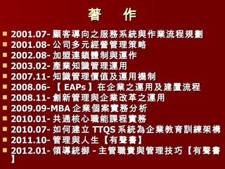 著    作
   2001.07- 顧客導向之服務系統與作業流程規劃
   2001.08- 公司多元經營管理策略
   2002.08- 加盟連鎖體制與運作
   2003.02- 產業知識管理運用
   2007.11- 知識管理價值及運用機制
   2008.06- 【 EAPs 】在企業之運用及建置流程
   2008.11- 創新管理與企業改革之運用
   2009.09-MBA 企業個案實務分析
   2010.01- 共通核心職能課程實務
   2010.07- 如何建立 TTQS 系統為企業教育訓練架構
   2011.10- 管理與人生【有聲書】
   2012.01- 領導統御 - 主管職責與管理技巧【有聲書
    】
 
