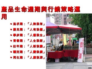 產品生命週期與行銷策略運
用
 ◎ 追求期：「人無我有」
 ◎ 嬰兒期：「人有我優」
 ◎ 學步期：「人優我全」
 ◎ 青春期：「人全我新」
 ◎ 壯年期：「人新我變」
 ◎ 穩定期：「人變我廣」
 ◎ 再生期：「人廣我深」
 