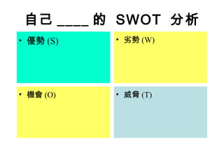 自己 ____ 的 SWOT 分析
• 優勢 (S)   • 劣勢 (W)




• 機會 (O)   • 威脅 (T)
 