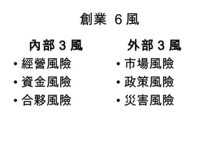 創業 6 風
   內部 3 風     外部 3 風
• 經營風險      • 市場風險
• 資金風險      • 政策風險
• 合夥風險      • 災害風險
 