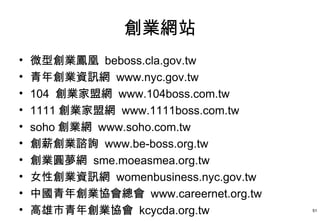 創業網站
•   微型創業鳳凰 beboss.cla.gov.tw
•   青年創業資訊網 www.nyc.gov.tw
•   104 創業家盟網 www.104boss.com.tw
•   1111 創業家盟網 www.1111boss.com.tw
•   soho 創業網 www.soho.com.tw
•   創薪創業諮詢 www.be-boss.org.tw
•   創業圓夢網 sme.moeasmea.org.tw
•   女性創業資訊網 womenbusiness.nyc.gov.tw
•   中國青年創業協會總會 www.careernet.org.tw
•   高雄市青年創業協會 kcycda.org.tw            51
 