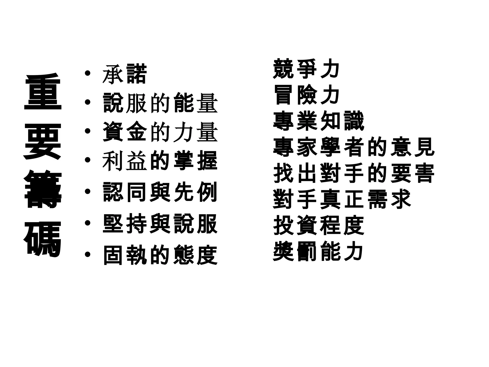 •   承諾      競爭力
重   •   說服的能量   冒險力
                專業知識
要   •
    •
        資金的力量
        利益的掌握
                專家學者的意見
                找出對手的要害
籌   •   認同與先例   對手真正需求
        堅持與說服   投資程度
碼
    •
    •   固執的態度   獎罰能力
 