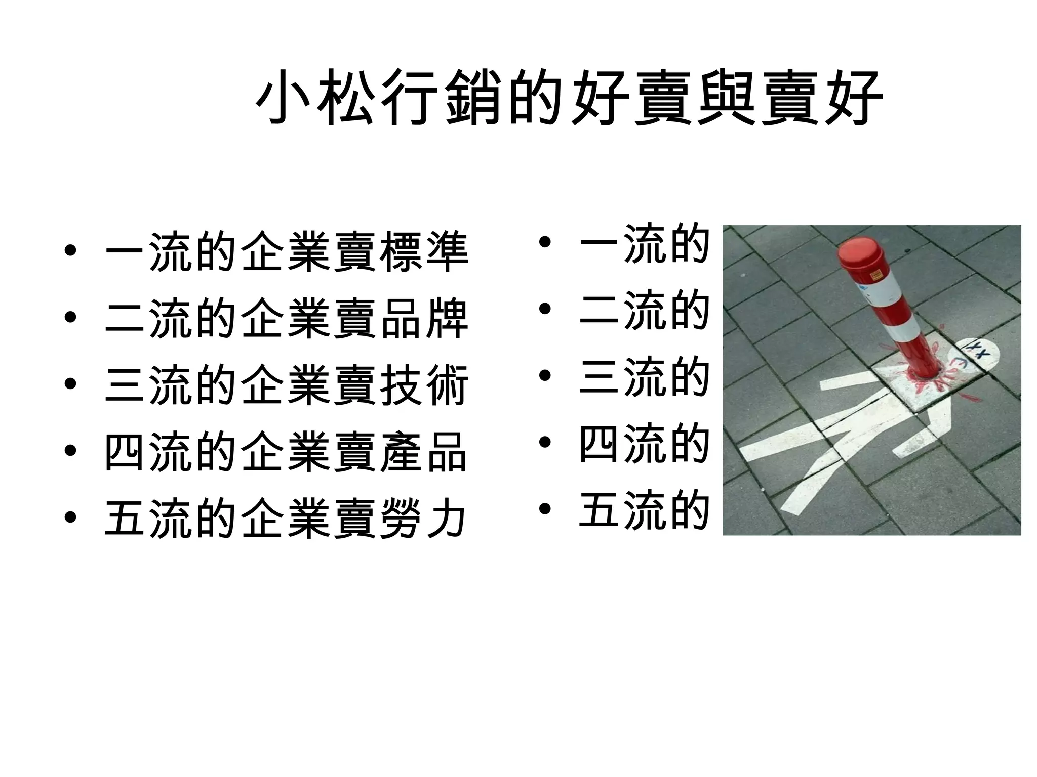 小松行銷的好賣與賣好

•   一流的企業賣標準   •   一流的
•   二流的企業賣品牌   •   二流的
•   三流的企業賣技術   •   三流的
•   四流的企業賣產品   •   四流的
•   五流的企業賣勞力   •   五流的
 