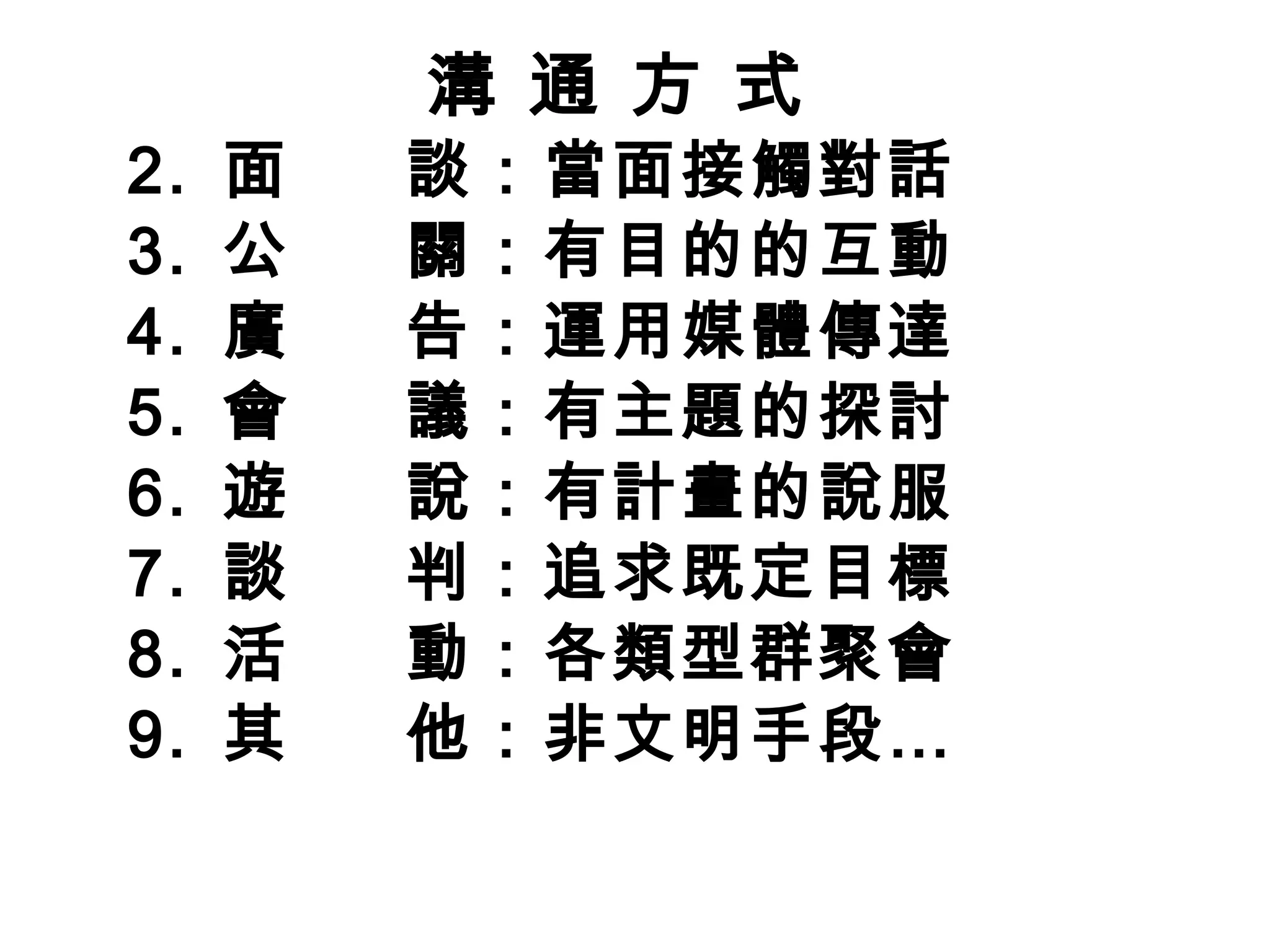 溝 通 方 式
2.   面   談：當面接觸對話
3.   公   關：有目的的互動
4.   廣   告：運用媒體傳達
5.   會   議：有主題的探討
6.   遊   說：有計畫的說服
7.   談   判：追求既定目標
8.   活   動：各類型群聚會
9.   其   他：非文明手段…
 