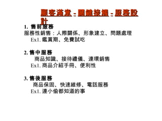 顧客滿意顧客滿意 -- 關鍵接觸關鍵接觸 -- 服務設服務設
計計
1. 售前服務
服務性銷售：人際關係、形象建立、問題處理
Ex1. 鑑賞期、免費試吃
2. 售中服務
商品知識、接待禮儀、連環銷售
Ex1. 商品介紹手冊、便利性
3. 售後服務
商品保固、快速維修、電話服務
Ex1. 連小偷都知道的事
 