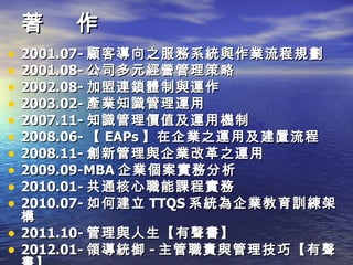 著    作
•   2001.07- 顧客導向之服務系統與作業流程規劃
•   2001.08- 公司多元經營管理策略
•   2002.08- 加盟連鎖體制與運作
•   2003.02- 產業知識管理運用
•   2007.11- 知識管理價值及運用機制
•   2008.06- 【 EAPs 】在企業之運用及建置流程
•   2008.11- 創新管理與企業改革之運用
•   2009.09-MBA 企業個案實務分析
•   2010.01- 共通核心職能課程實務
•   2010.07- 如何建立 TTQS 系統為企業教育訓練架
    構
•   2011.10- 管理與人生【有聲書】
•   2012.01- 領導統御 - 主管職責與管理技巧【有聲
 