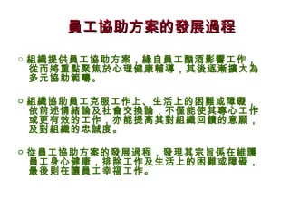 員工協助方案的發展過程

○ 組織提供員工協助方案，緣自員工酗酒影響工作，
  從而將重點聚焦於心理健康輔導，其後逐漸擴大為
  多元協助範疇。

○ 組織協助員工克服工作上、生活上的困難或障礙，
  依前述情緒論及社會交換論，不僅能使其專心工作
  或更有效的工作，亦能提高其對組織回饋的意願，
  及對組織的忠誠度。

○ 從員工協助方案的發展過程，發現其宗旨係在維護
  員工身心健康，排除工作及生活上的困難或障礙，
  最後則在讓員工幸福工作。
 