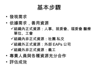 基本步驟
• 發現需求
• 依據需求，善用資源
 組織內正式資源：人事、就委會、福委會﹑醫療
  單位、工會
 組織內非正式資源：社團﹑私交
 組織外正式資源：外部 EAPs 公司
 組織外非正式資源：義工
• 專責人員與各種資源充分合作
• 評估成效
 