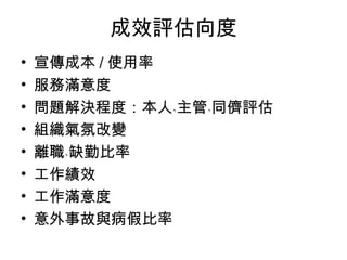 成效評估向度
•   宣傳成本 / 使用率
•   服務滿意度
•   問題解決程度：本人﹑主管﹑同儕評估
•   組織氣氛改變
•   離職﹑缺勤比率
•   工作績效
•   工作滿意度
•   意外事故與病假比率
 