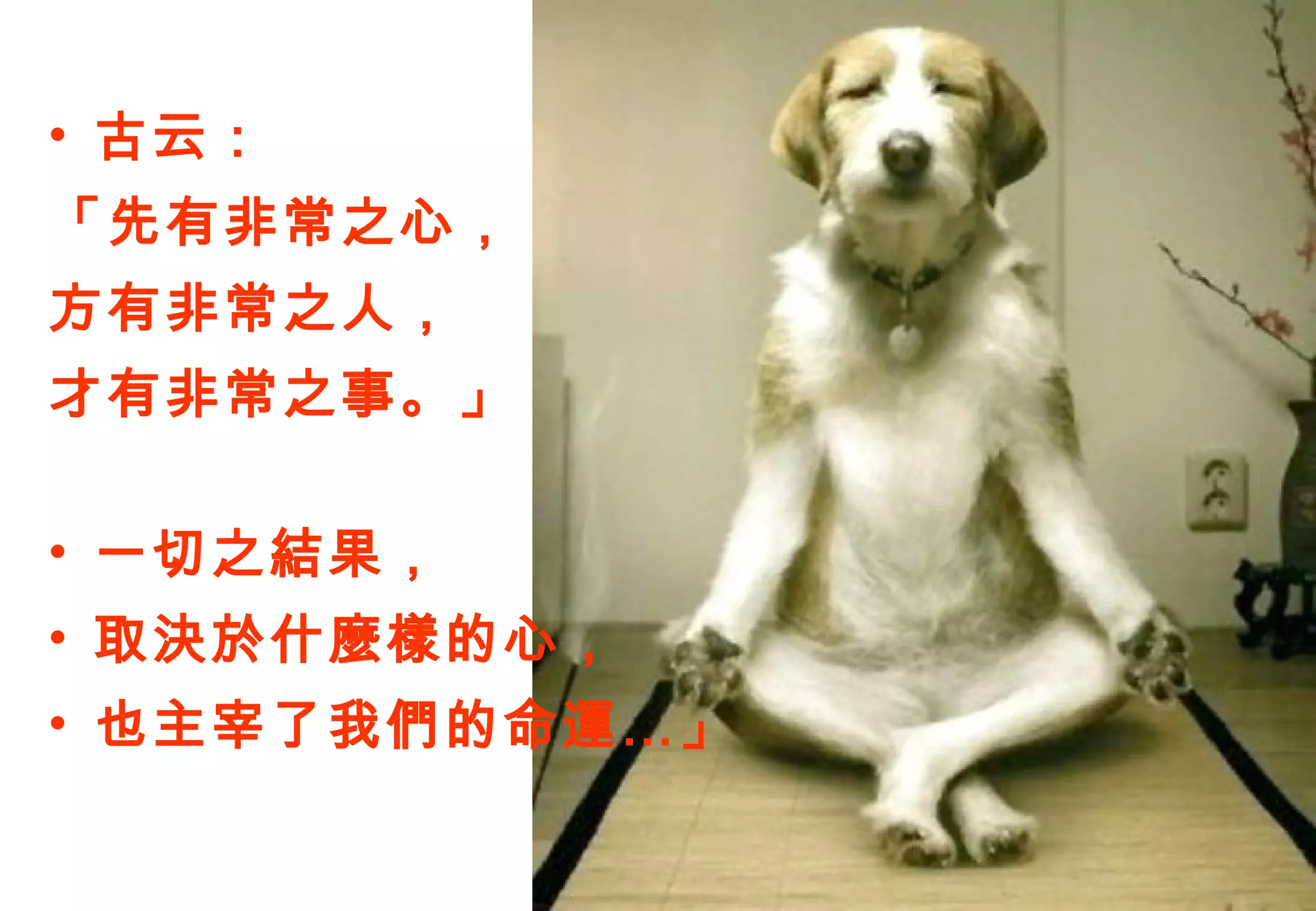 • 古云：
「先有非常之心，
方有非常之人，
才有非常之事。」

• 一切之結果，
• 取決於什麼樣的心，
• 也主宰了我們的命運…」
 