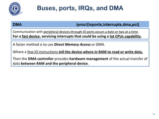 Buses, ports, IRQs, and DMA
DMA /proc/{ioports,interrupts,dma,pci}
Communication with peripheral devices through IO ports occurs a byte or two at a time.
For a fast device, servicing interrupts that could be using a lot CPUs capability.
A faster method is to use Direct Memory Access or DMA.
Where a few IO instructions tell the device where in RAM to read or write data.
Then the DMA controller provides hardware management of the actual transfer of
data between RAM and the peripheral device.
19
 