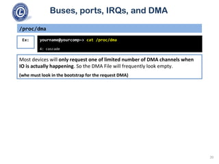 Buses, ports, IRQs, and DMA
/proc/dma
yourname@yourcomp~> cat /proc/dma
4: cascade
Ex:
Most devices will only request one of limited number of DMA channels when
IO is actually happening. So the DMA File will frequently look empty.
(whe must look in the bootstrap for the request DMA)
20
 