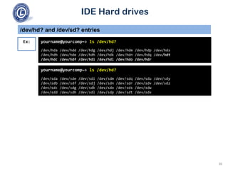 IDE Hard drives
/dev/hd? and /dev/sd? entries
yourname@yourcomp~> ls /dev/hd?
/dev/hda /dev/hdd /dev/hdg /dev/hdj /dev/hdm /dev/hdp /dev/hds
/dev/hdb /dev/hde /dev/hdh /dev/hdk /dev/hdn /dev/hdq /dev/hdt
/dev/hdc /dev/hdf /dev/hdi /dev/hdl /dev/hdo /dev/hdr
Ex:
yourname@yourcomp~> ls /dev/hd?
/dev/sda /dev/sde /dev/sdi /dev/sdm /dev/sdq /dev/sdu /dev/sdy
/dev/sdb /dev/sdf /dev/sdj /dev/sdn /dev/sdr /dev/sdv /dev/sdz
/dev/sdc /dev/sdg /dev/sdk /dev/sdo /dev/sds /dev/sdw
/dev/sdd /dev/sdh /dev/sdl /dev/sdp /dev/sdt /dev/sdx
36
 