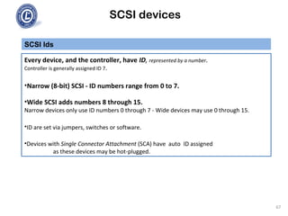SCSI devices
SCSI Ids
Every device, and the controller, have ID, represented by a number.
Controller is generally assigned ID 7.
•Narrow (8-bit) SCSI - ID numbers range from 0 to 7.
•Wide SCSI adds numbers 8 through 15.
Narrow devices only use ID numbers 0 through 7 - Wide devices may use 0 through 15.
•ID are set via jumpers, switches or software.
•Devices with Single Connector Attachment (SCA) have auto ID assigned
as these devices may be hot-plugged.
67
 