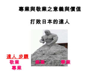 專業與敬業之意義與價值

        打敗日本的達人




達人 步驟
 敬業     樂業   學業
 專業
 