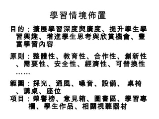 學習情境佈置
目的：擴展學習深度與廣度、提升學生學
 習興趣、增進學生思考與欣賞機會、豐
 富學習內容
原則：整體性、教育性、合作性、創新性
 、需要性、安全性、經濟性、可替換性
 ……
範圍：採光、通風、噪音、設備、 桌椅
 、講桌、座位
項目：榮譽榜、意見箱、圖書區、學習專
   欄、學生作品、相關視聽器材
 