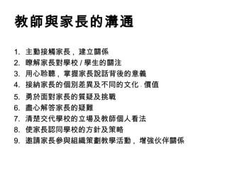 教師與家長的溝通

1.   主動接觸家長 , 建立關係
2.   瞭解家長對學校 / 學生的關注
3.   用心聆聽 , 掌握家長說話背後的意義
4.   接納家長的個別差異及不同的文化 ` 價值
5.   勇於面對家長的質疑及挑戰
6.   盡心解答家長的疑難
7.   清楚交代學校的立場及教師個人看法
8.   使家長認同學校的方針及策略
9.   邀請家長參與組織策劃教學活動 , 增強伙伴關係
 