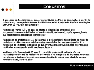 O processo de licenciamento, conforme instituído no País, se desenvolve a partir de três etapas, cada qual com a sua finalidade específica, segundo dispõe a Resolução CONAMA 237/97 em seu artigo 8º: a Licença Prévia (LP), na qual se atesta a  viabilidade ambiental  dos empreendimentos e atividades submetidas ao licenciamento, após aprovação de sua localização e concepção tecnológica; a Licença de Instalação (LI), que aprova o detalhamento tecnológico ao nível do projeto executivo, com especial atenção às medidas de controle de poluição e mitigação de impactos (inclusive as que eventualmente tiverem sido acordadas a partir dos processos de participação pública); e a Licença de Operação (LO), que é concedida após verificação da efetiva implantação de todas as medidas de controle e de mitigação de impactos definidas nas etapas anteriores, inclusive com a realização de testes para aferição de sua funcionalidade, se for o caso.   CONCEITOS licenciamento ambiental 