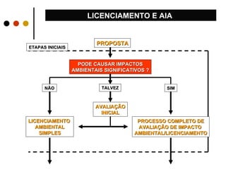 LICENCIAMENTO E AIA  PROPOSTA ETAPAS INICIAIS PODE CAUSAR IMPACTOS AMBIENTAIS SIGNIFICATIVOS ? NÃO SIM TALVEZ PROCESSO COMPLETO DE AVALIAÇÃO DE IMPACTO  AMBIENTAL/LICENCIAMENTO AVALIAÇÃO INICIAL LICENCIAMENTO  AMBIENTAL SIMPLES 