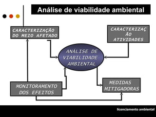 MEDIDAS  MITIGADORAS CARACTERIZAÇÃO ATIVIDADES MONITORAMENTO DOS EFEITOS CARACTERIZAÇÃO  DO MEIO AFETADO Análise de viabilidade ambiental licenciamento ambiental ANÁLISE DE VIABILIDADE  AMBIENTAL 