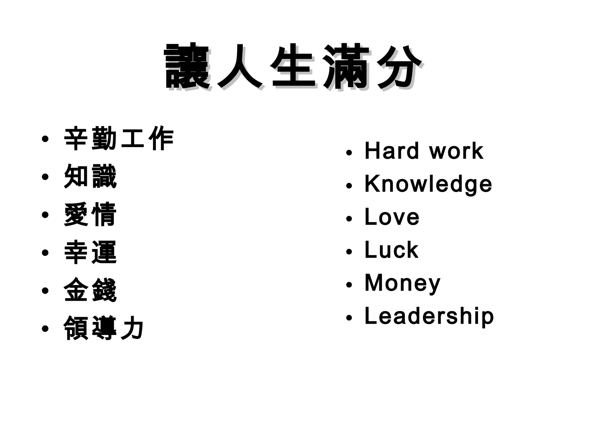 讓人生滿分
•   辛勤工作   •   Hard work
•   知識     •   Knowledge
•   愛情     •   Love
•   幸運     •   Luck
•   金錢     •   Money
           •   Leadership
•   領導力
 