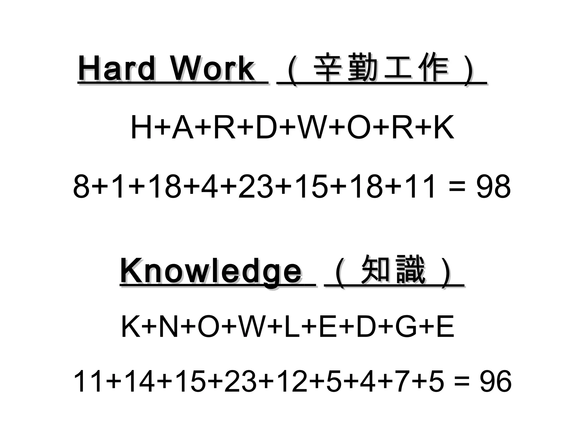Hard Work （辛勤工作）
   H+A+R+D+W+O+R+K
8+1+18+4+23+15+18+11 = 98

  Knowledge （知識）
  K+N+O+W+L+E+D+G+E
11+14+15+23+12+5+4+7+5 = 96
 