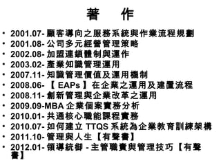 著    作
•   2001.07- 顧客導向之服務系統與作業流程規劃
•   2001.08- 公司多元經營管理策略
•   2002.08- 加盟連鎖體制與運作
•   2003.02- 產業知識管理運用
•   2007.11- 知識管理價值及運用機制
•   2008.06- 【 EAPs 】在企業之運用及建置流程
•   2008.11- 創新管理與企業改革之運用
•   2009.09-MBA 企業個案實務分析
•   2010.01- 共通核心職能課程實務
•   2010.07- 如何建立 TTQS 系統為企業教育訓練架構
•   2011.10- 管理與人生【有聲書】
•   2012.01- 領導統御 - 主管職責與管理技巧【有聲
    書】
 