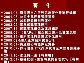 著    作
   2001.07- 顧客導向之服務系統與作業流程規劃
   2001.08- 公司多元經營管理策略
   2002.08- 加盟連鎖體制與運作
   2003.02- 產業知識管理運用
   2007.11- 知識管理價值及運用機制
   2008.06- 【 EAPs 】在企業之運用及建置流程
   2008.11- 創新管理與企業改革之運用
   2009.09-MBA 企業個案實務分析
   2010.01- 共通核心職能課程實務
   2010.07- 如何建立 TTQS 系統為企業教育訓練架
    構
   2011.10- 管理與人生【有聲書】
   2012.01- 領導統御 - 主管職責與管理技巧【有聲
 