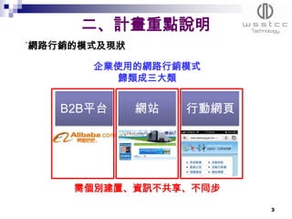 二、計畫重點說明
˙網路行銷的模式及現狀

       企業使用的網路行銷模式
         歸類成三大類


   B2B平台      網站   行動網頁




     需個別建置、資訊不共享、不同步

                          3
 
