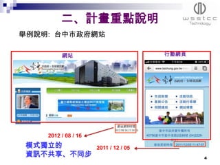二、計畫重點說明
舉例說明: 台中市政府網站

         網站                           行動網頁




    2012 / 08 / 16
 模式獨立的               2011 / 12 / 05
 資訊不共享、不同步                                   4
 