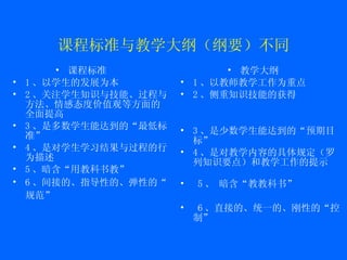 课程标准与教学大纲（纲要）不同 课程标准 1 、以学生的发展为本 2 、关注学生知识与技能、过程与方法、情感态度价值观等方面的全面提高 3 、是多数学生能达到的“最低标准” 4 、是对学生学习结果与过程的行为描述 5 、暗含“用教科书教” 6 、间接的、指导性的、弹性的“规范” 教学大纲 1 、以教师教学工作为重点 2 、侧重知识技能的获得 3 、是少数学生能达到的“预期目标” 4 、是对教学内容的具体规定（罗列知识要点）和教学工作的提示 5 、 暗含“教教科书” 6 、直接的、统一的、刚性的“控制” 